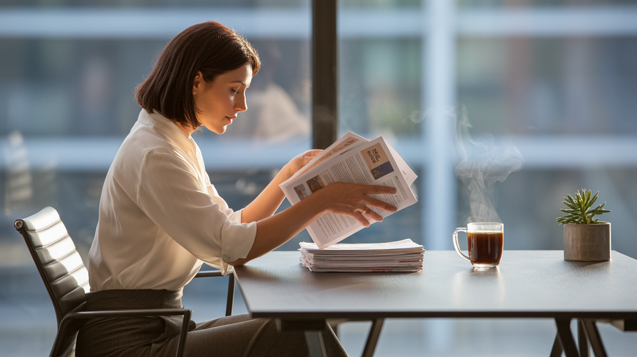 Contrarian email marketer at desk with stack of print newsletters and daily email schedule