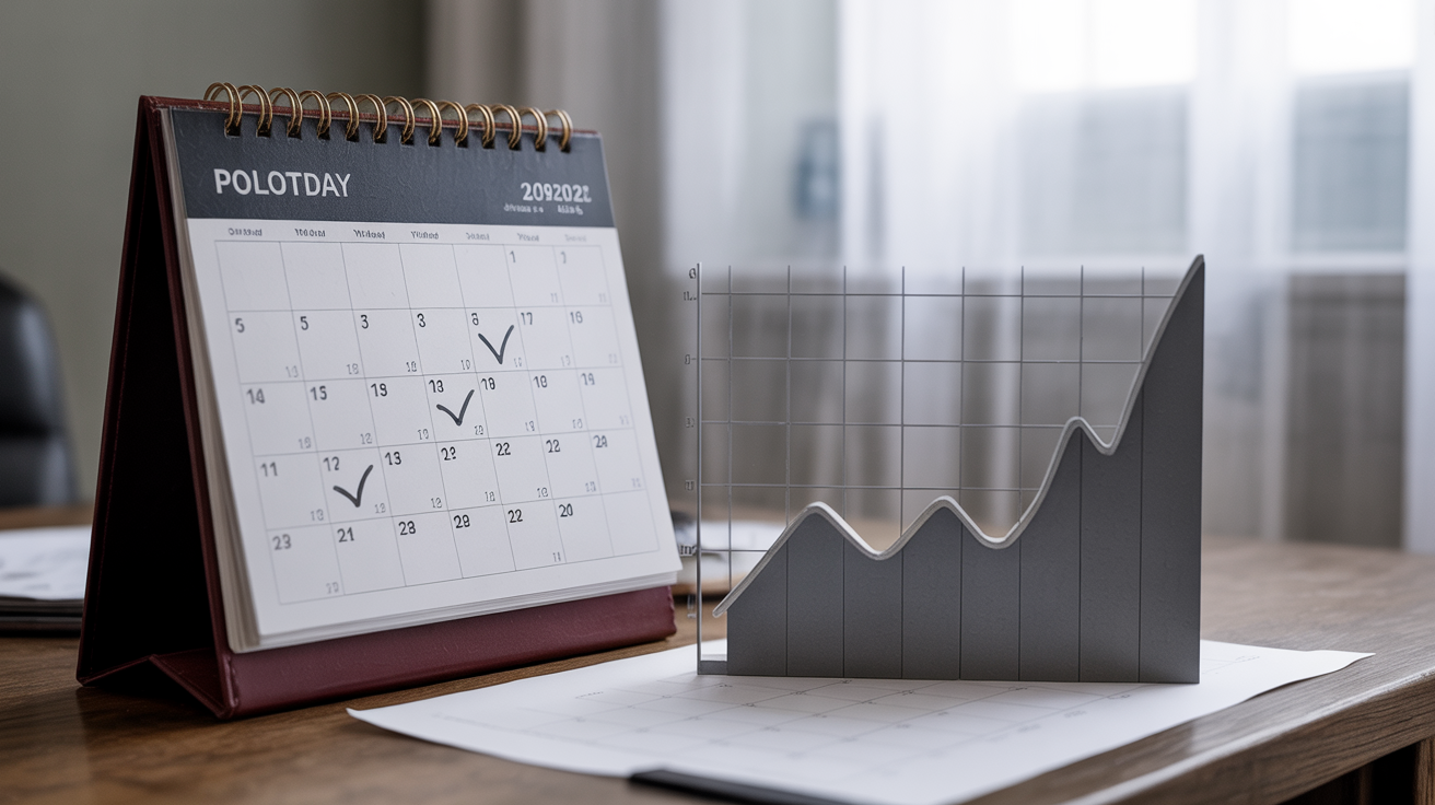 Calendar filled with blog post checkmarks but flatline results graph beside it, consistent effort without strategic direction