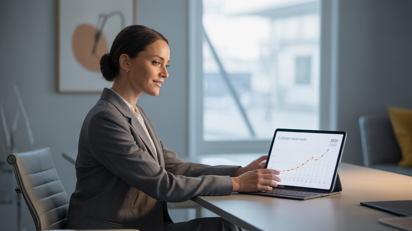 Happy customer completing onboarding with decreasing refund rate graph in background