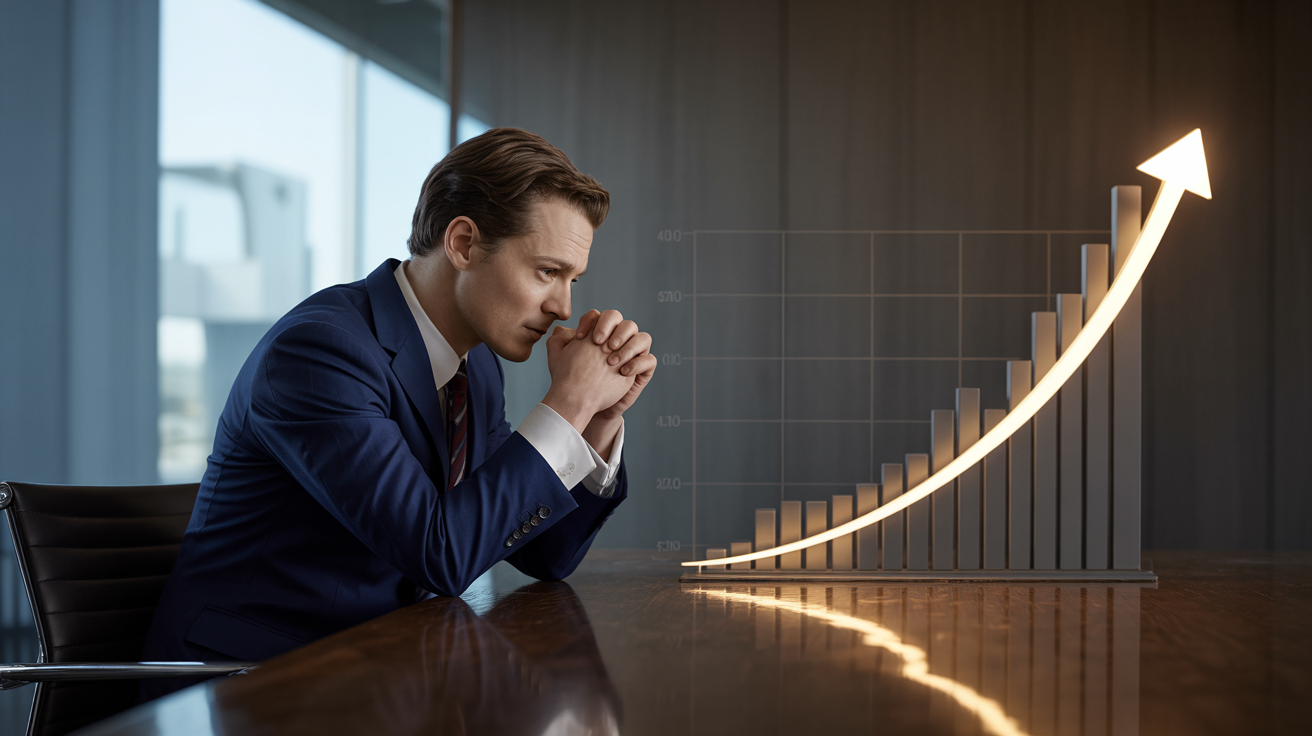 Copywriter at desk looking frustrated with growth chart showing flatline, then breakthrough arrow