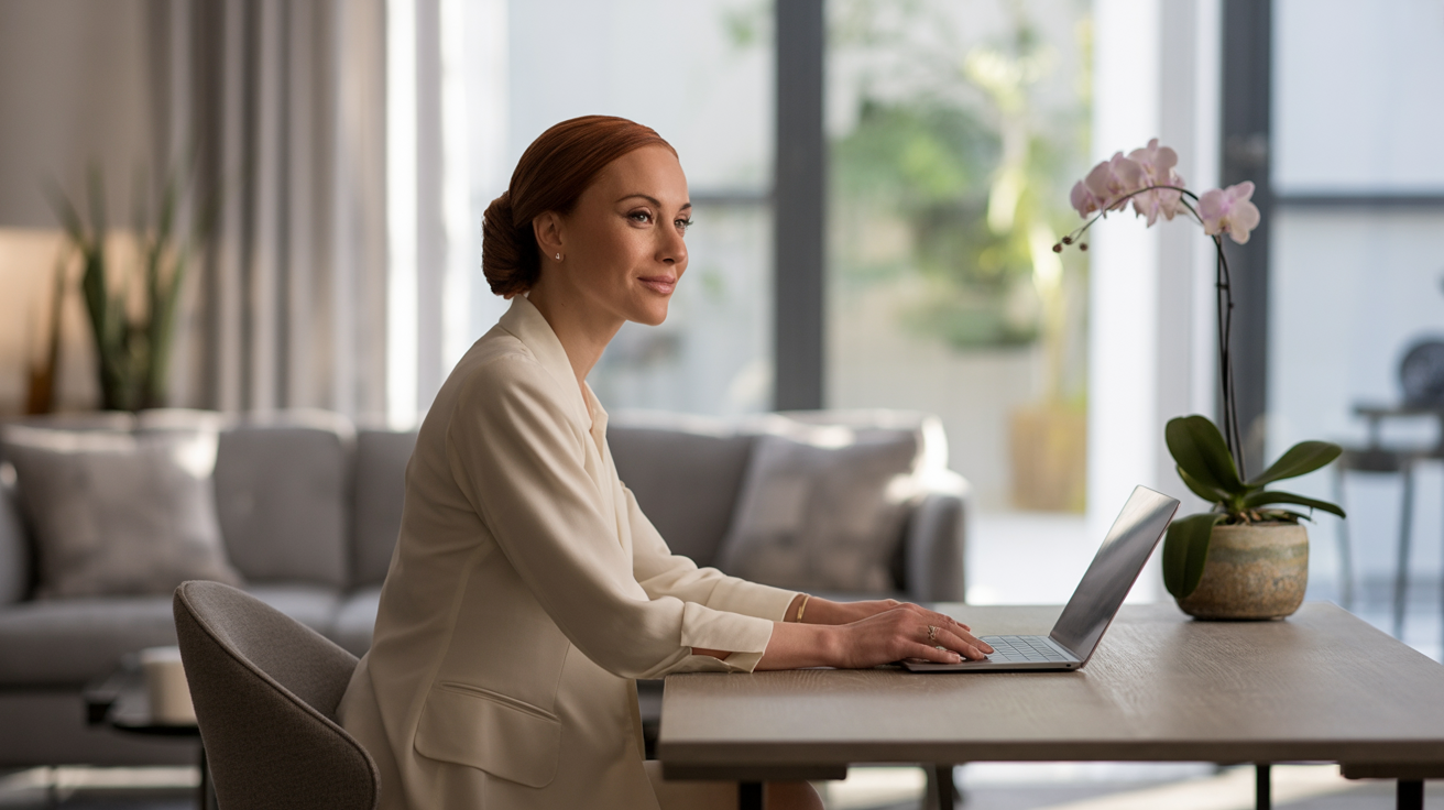 Life coach at laptop writing compelling copy with client testimonials and booking notifications visible on screen