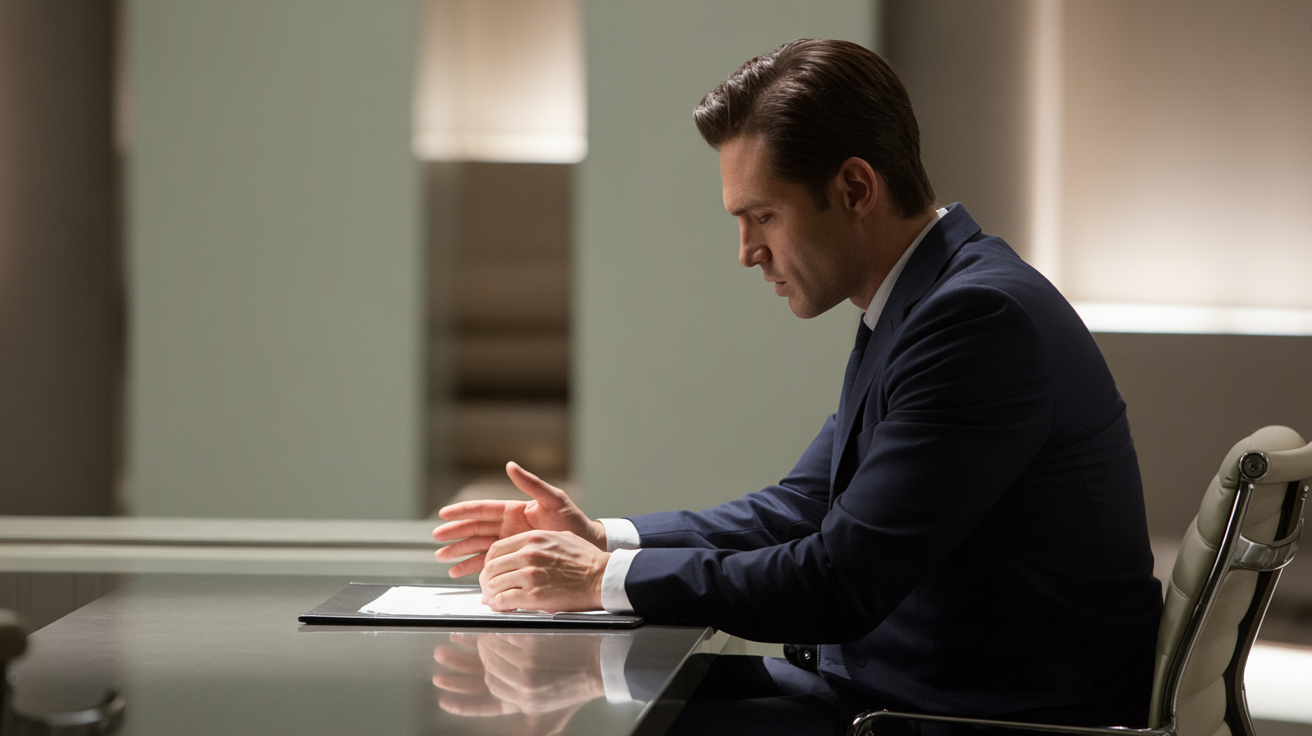 Business consultant at modern desk writing compelling proposal with client logos and engagement metrics on screen