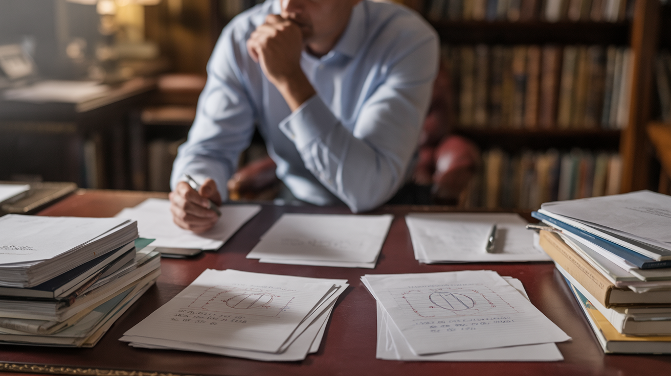 Course creator researching student needs with testimonials, surveys, and audience research spread across workspace