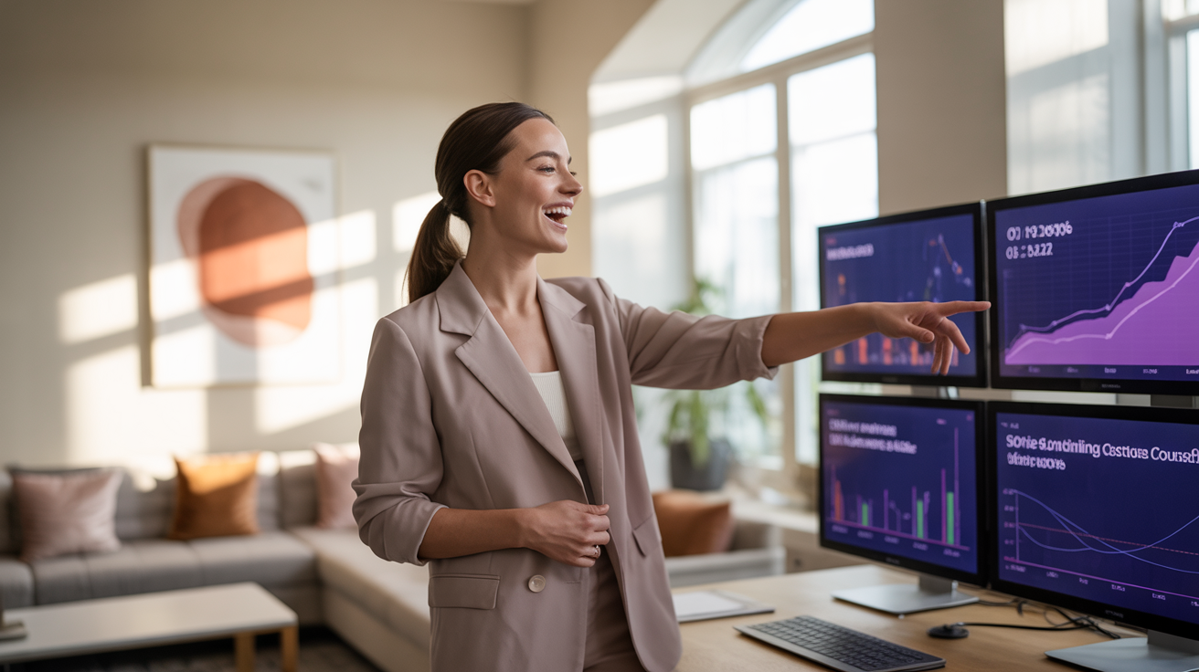 Student celebrating course completion with transformation results, certificate, and success metrics