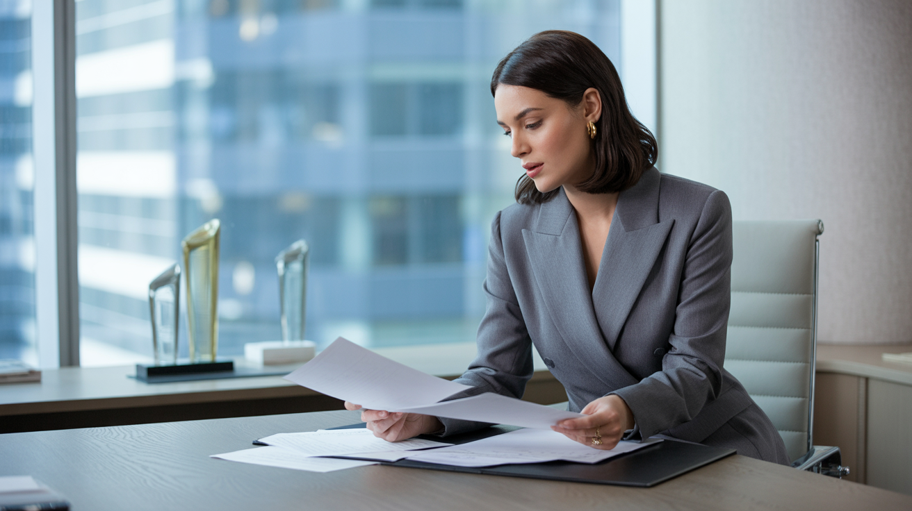 Professional services partner reviewing client proposal and marketing materials in modern office with credentials visible