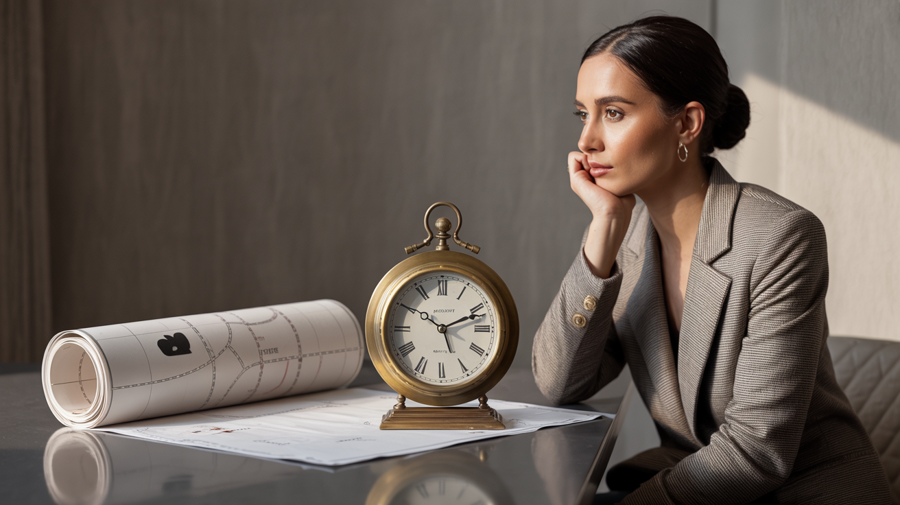 Entrepreneur at desk weighing time spent learning alone versus shortcut of proven system, decision calculation