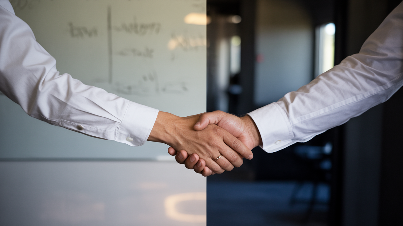 Split image showing educational whiteboard teaching on one side and persuasive sales conversation on the other, two content modes