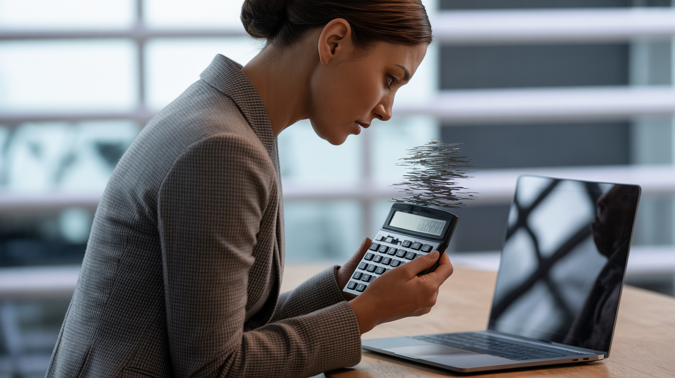 Calculator showing blog costs versus empty revenue column, expensive hobby realization, frustrated business owner