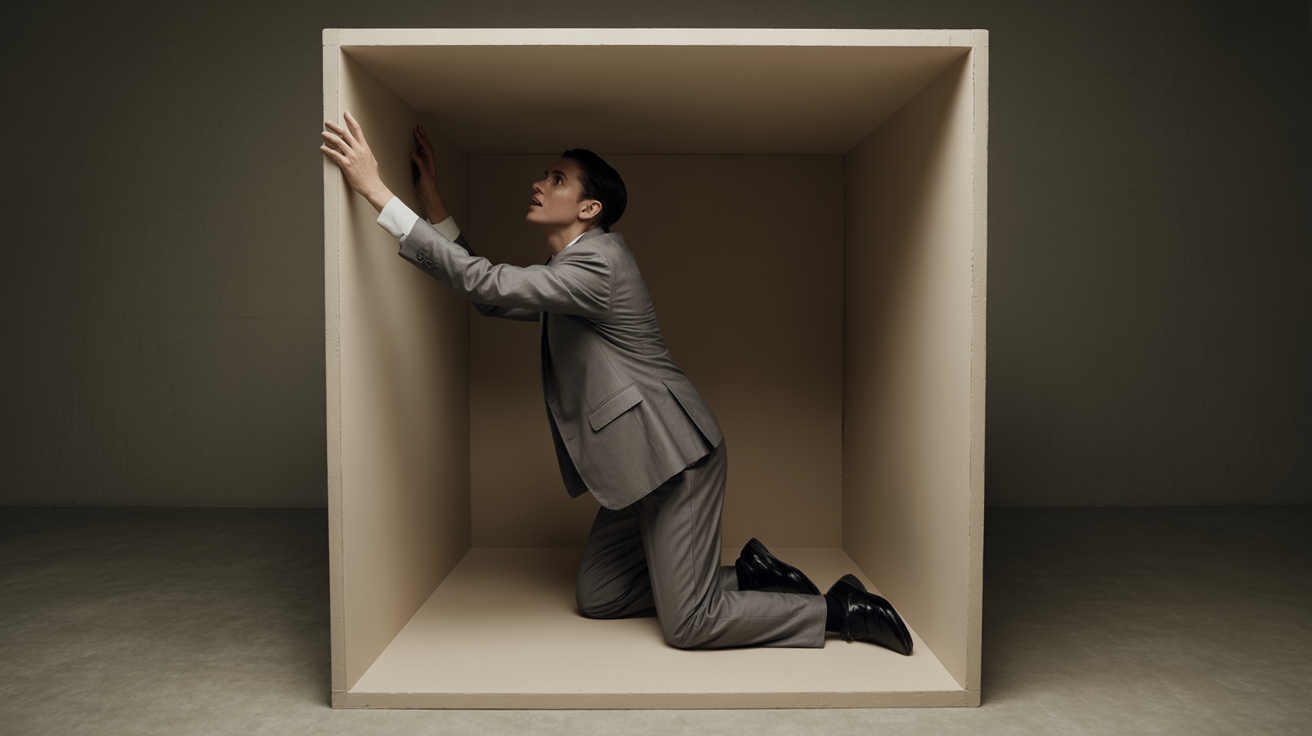 Copywriter trapped inside a formula template box trying to break free