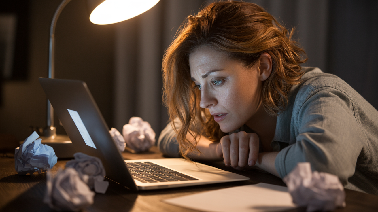 Writer frustrated by low-performing headlines with analytics showing poor click rates