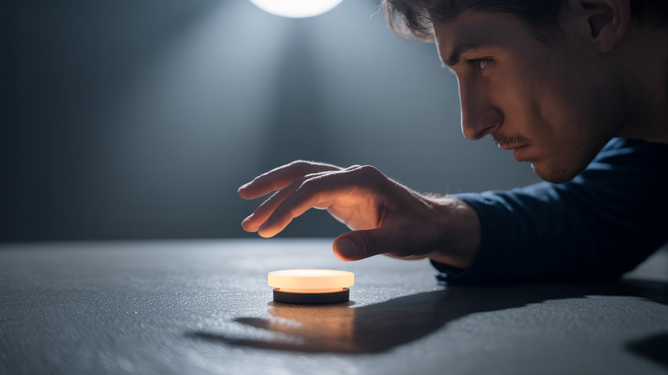 Customer pausing with hand over buy button, internal conflict visible, decision hesitation