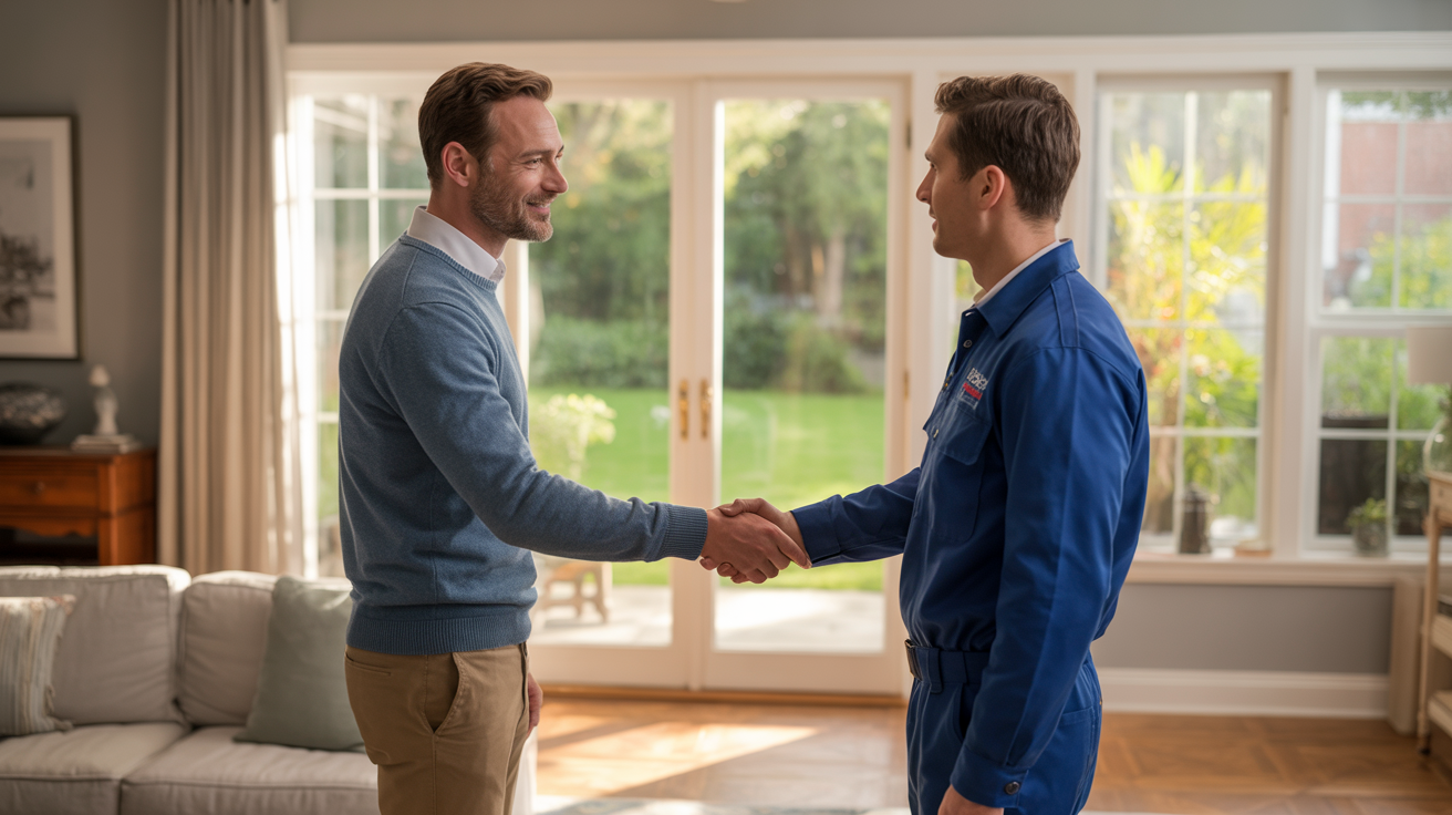 HVAC contractor with satisfied homeowner