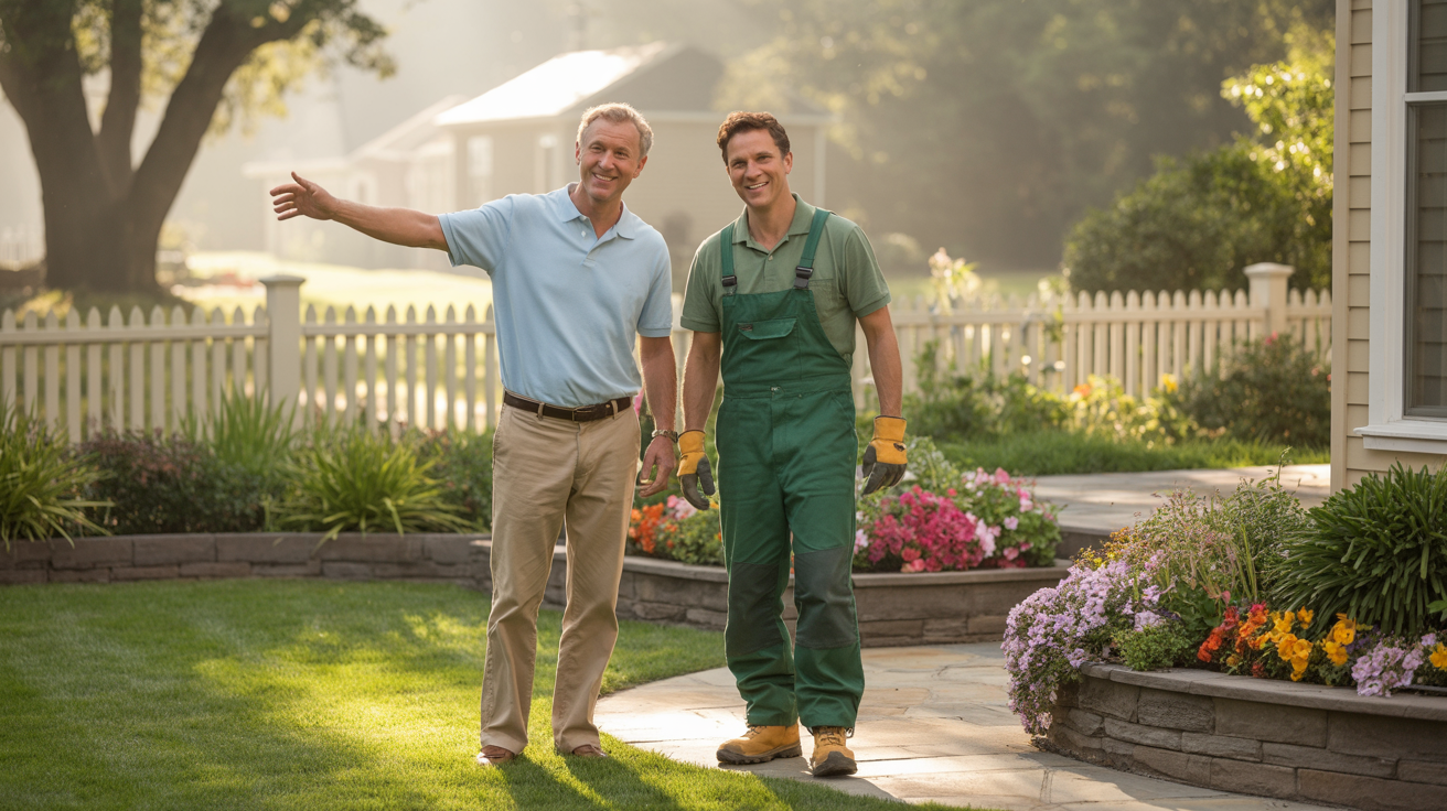 Landscaper with satisfied homeowner after completed project