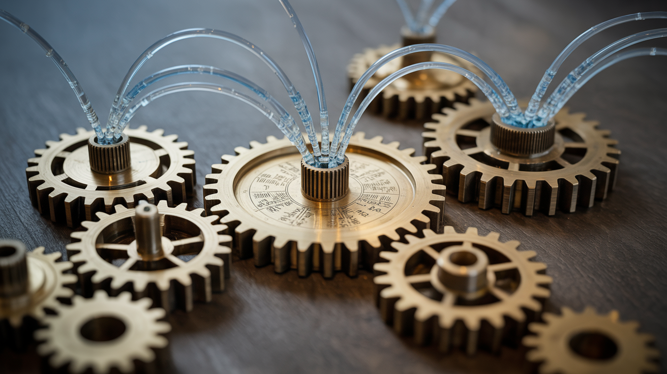 Business systems and processes visualized as interconnected gears creating efficient workflow