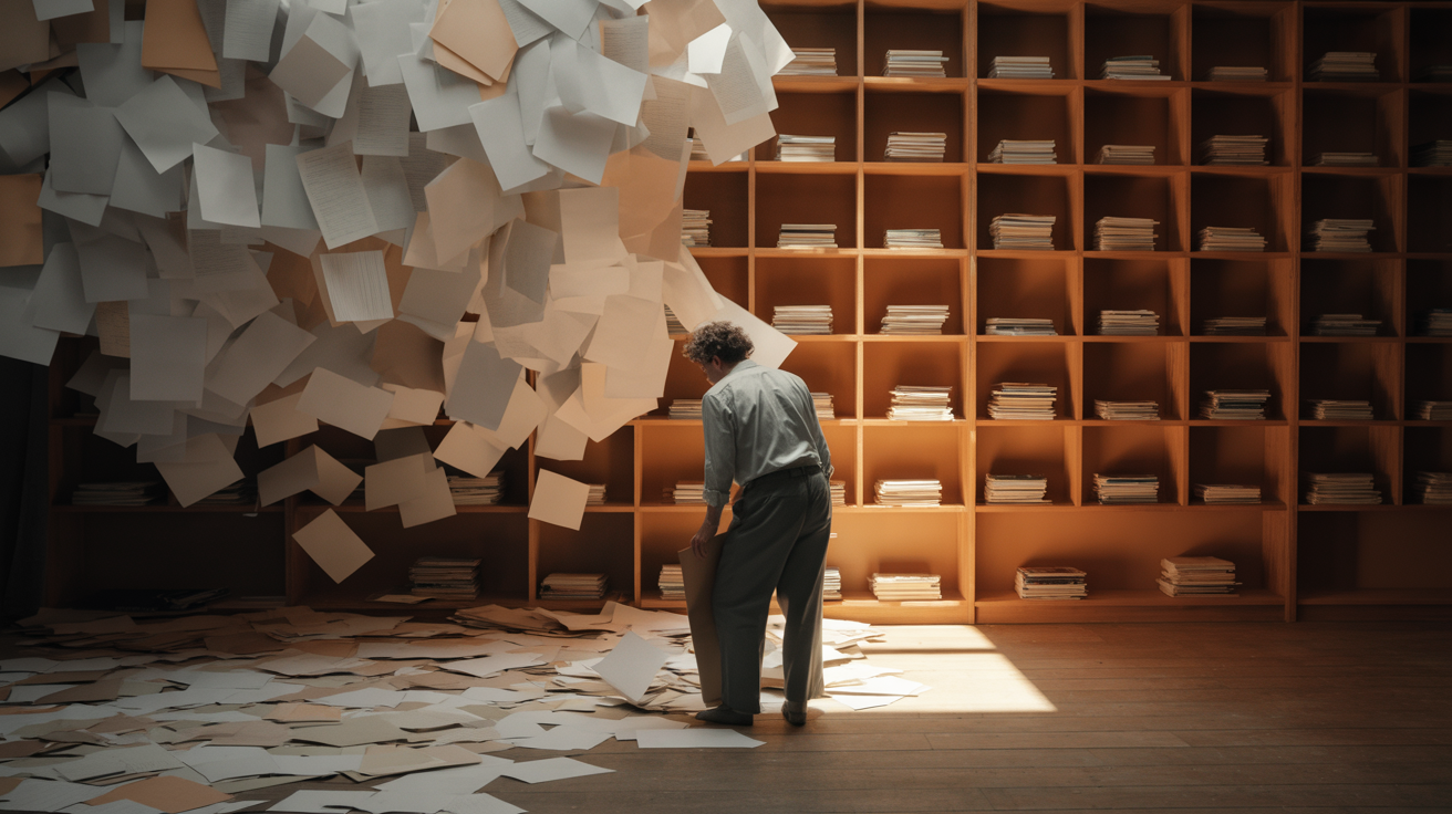 Writer choosing between chaotic creative freedom and organized systematic approach, decision moment