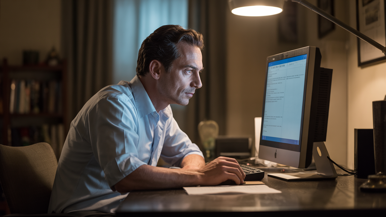 Writer at desk looking at flat performance chart, stuck at same level, searching for breakthrough