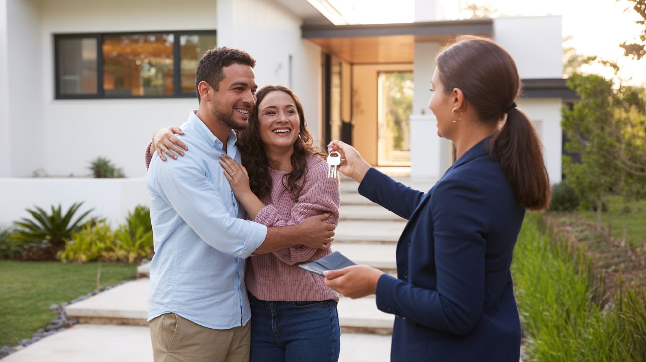 Real estate agent with satisfied clients after successful transaction