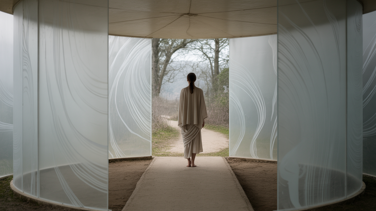 Person standing at crossroads between comfort zone and growth, with invisible barriers representing psychological resistance