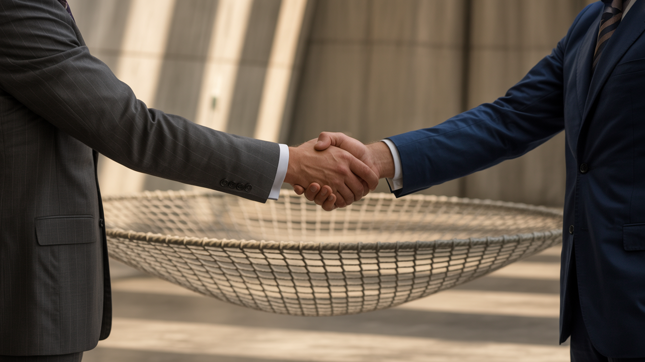 Business transaction with safety net underneath representing risk reversal guarantee