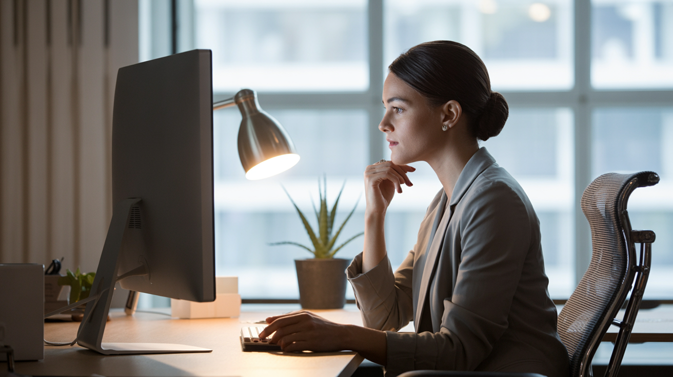 Marketer analyzing sales page on screen with diagnostic checklist, troubleshooting conversion problems