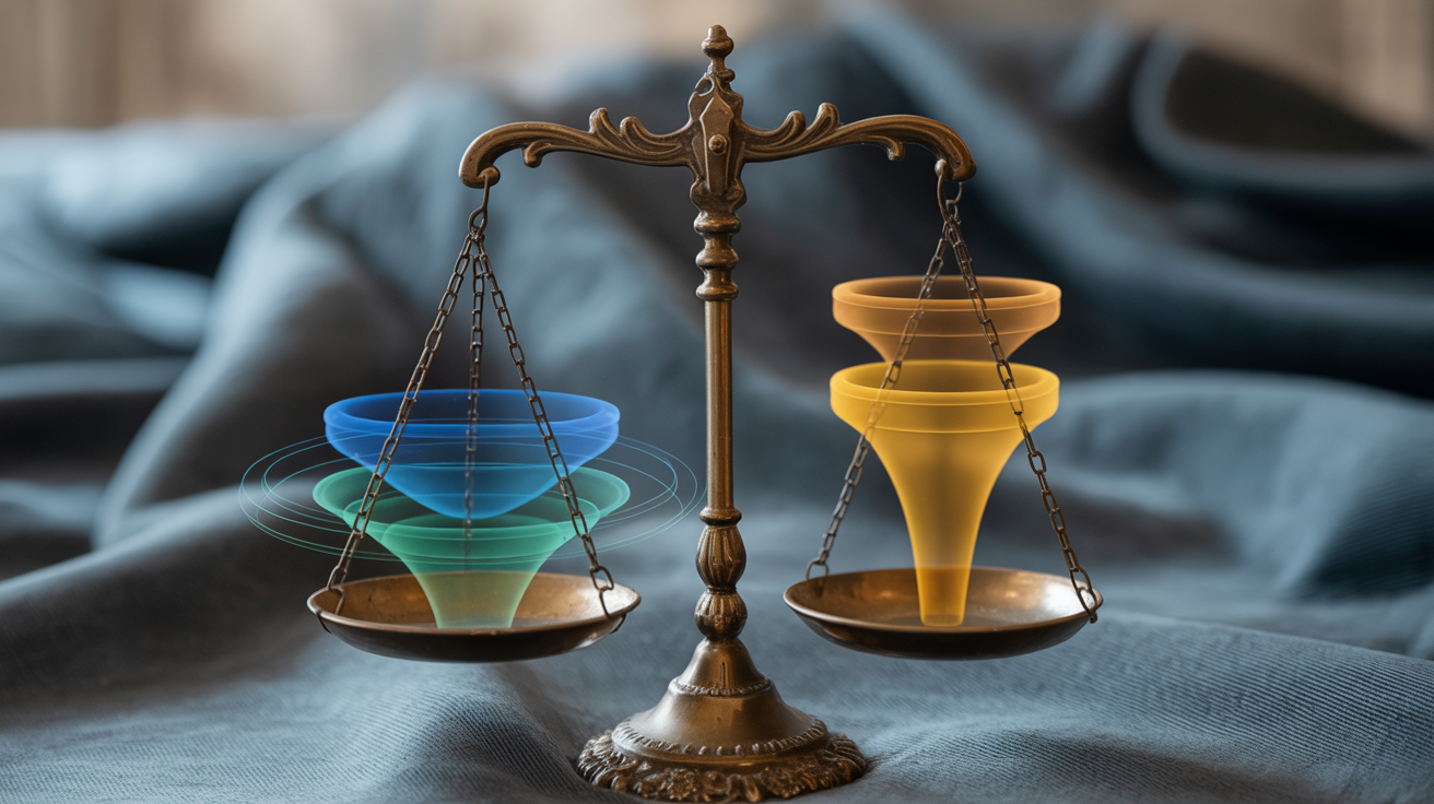 Balance scale showing SEO traffic metrics on one side and conversion metrics on the other, finding equilibrium