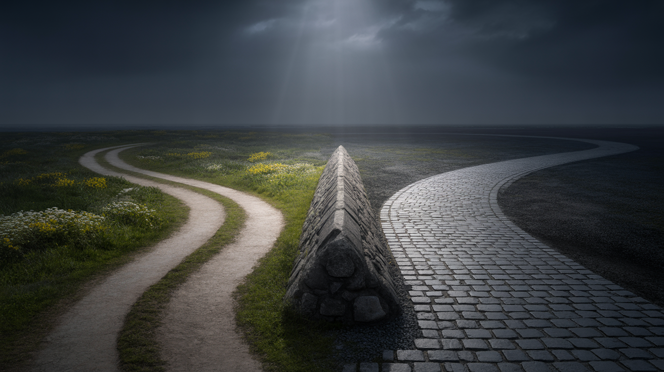 Two paths diverging - one gentle invitation, one direct command - representing soft and hard call-to-action approaches