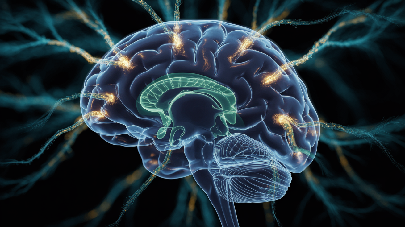 Brain illuminated with narrative pathways showing story elements connecting to emotions and memory centers