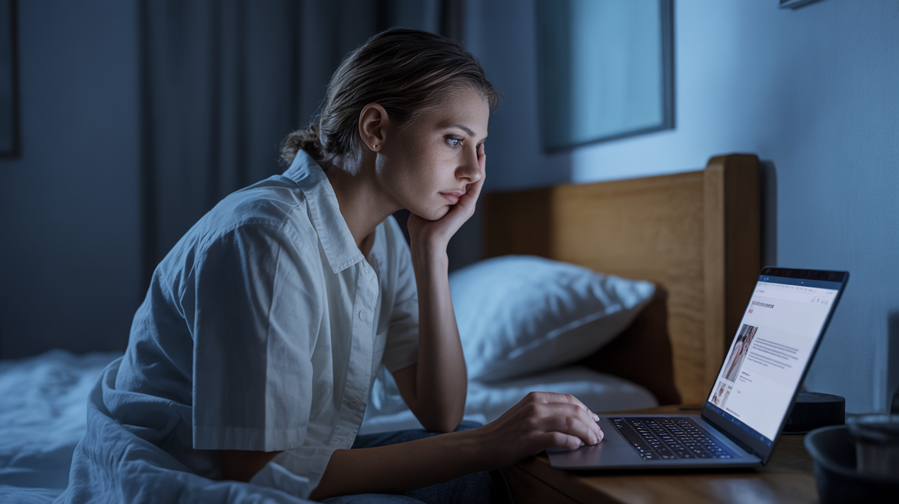 Person anxiously browsing therapist websites unable to choose