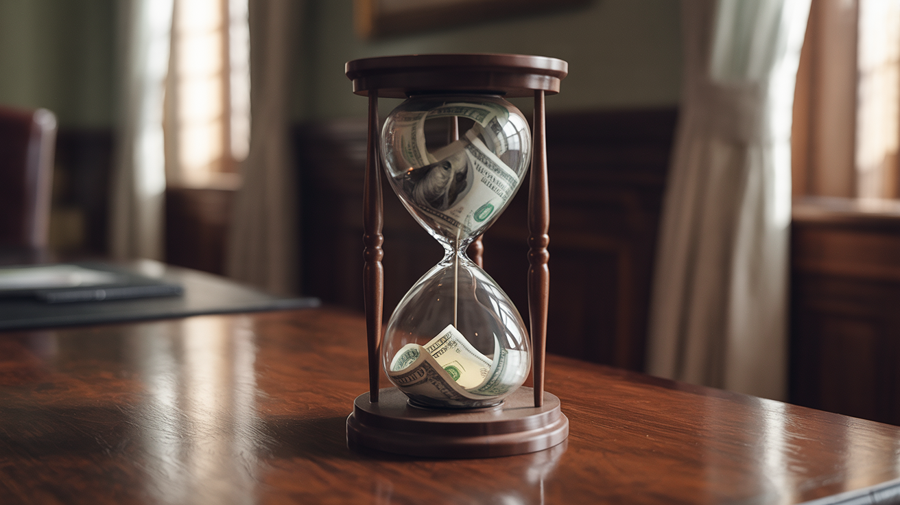 Hourglass with money flowing out as sand, each grain representing lost leads and revenue while waiting to fix blog conversion